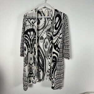 Chico's Womens Sabrina Open Front Cardigan Size 1 White Black Print Linen Blend